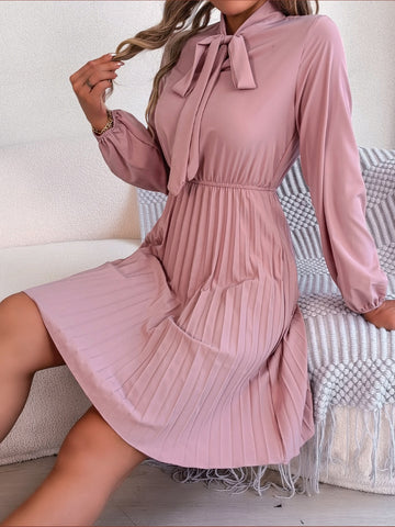 Tie Neck Balloon Sleeve Pleated Dress Tie Neck Balloon Sleeve Pleated Dress
