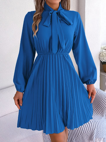 Tie Neck Balloon Sleeve Pleated Dress Tie Neck Balloon Sleeve Pleated Dress