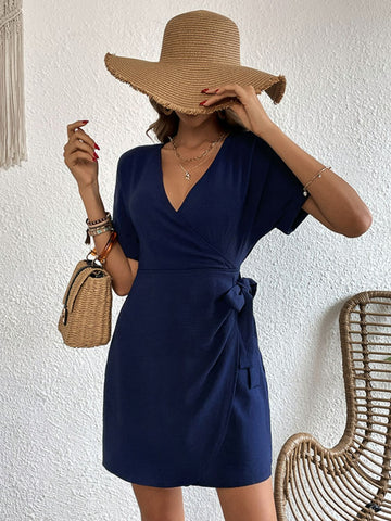 Tied Cuffed Sleeve Surplice Dress Tied Cuffed Sleeve Surplice Dress