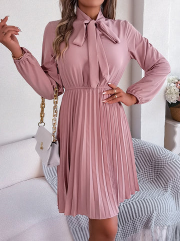 Tie Neck Balloon Sleeve Pleated Dress Tie Neck Balloon Sleeve Pleated Dress