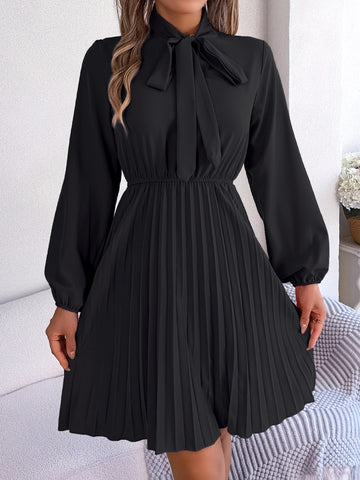 Tie Neck Balloon Sleeve Pleated Dress Tie Neck Balloon Sleeve Pleated Dress