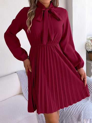 Tie Neck Balloon Sleeve Pleated Dress Tie Neck Balloon Sleeve Pleated Dress