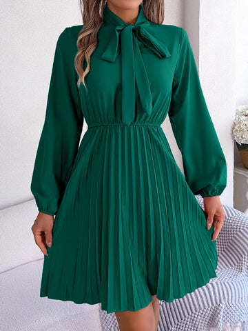 Tie Neck Balloon Sleeve Pleated Dress Tie Neck Balloon Sleeve Pleated Dress