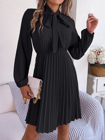 Tie Neck Balloon Sleeve Pleated Dress Tie Neck Balloon Sleeve Pleated Dress
