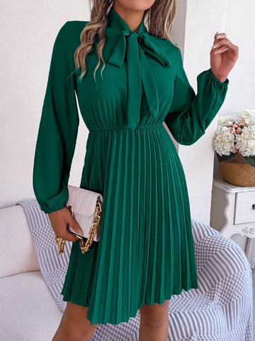 Tie Neck Balloon Sleeve Pleated Dress Tie Neck Balloon Sleeve Pleated Dress