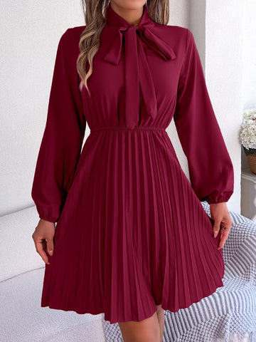 Tie Neck Balloon Sleeve Pleated Dress Tie Neck Balloon Sleeve Pleated Dress