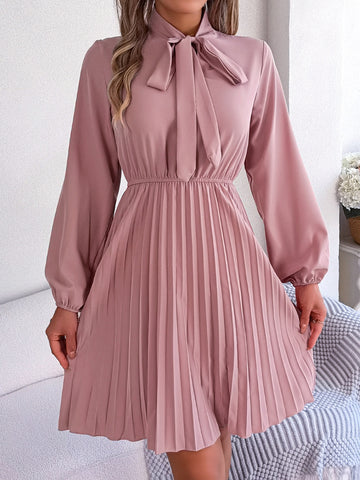Tie Neck Balloon Sleeve Pleated Dress Tie Neck Balloon Sleeve Pleated Dress