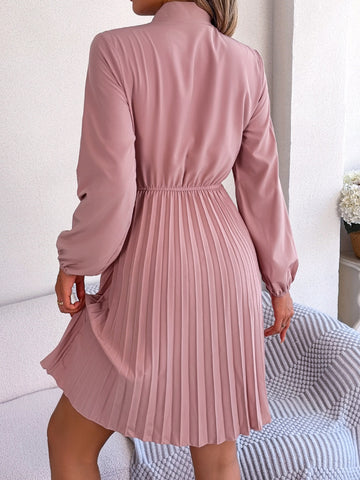 Tie Neck Balloon Sleeve Pleated Dress Tie Neck Balloon Sleeve Pleated Dress