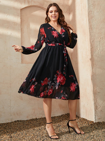 Plus Size Floral Surplice Neck Tie Waist Dress Plus Size Floral Surplice Neck Tie Waist Dress