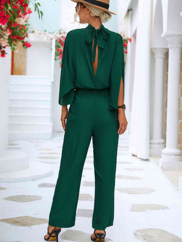Tie Back Mock Neck Split Sleeve Jumpsuit Tie Back Mock Neck Split Sleeve Jumpsuit