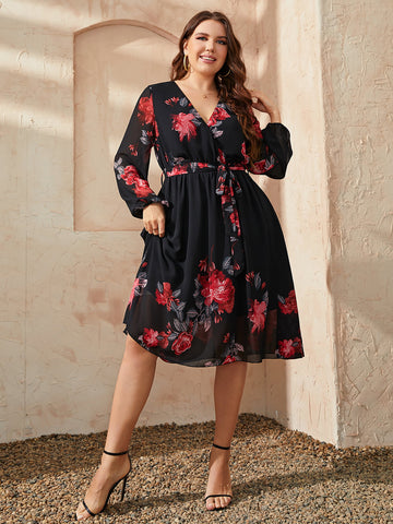 Plus Size Floral Surplice Neck Tie Waist Dress Plus Size Floral Surplice Neck Tie Waist Dress