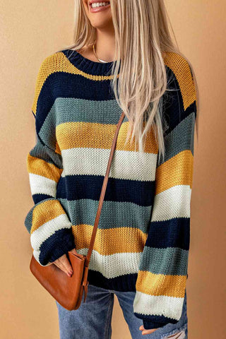 Woven Right Striped Dropped Shoulder Knitted Pullover Sweater Woven Right Striped Dropped Shoulder Knitted Pullover Sweater
