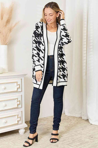 Woven Right Houndstooth Open Front Longline Cardigan Woven Right Houndstooth Open Front Longline Cardigan