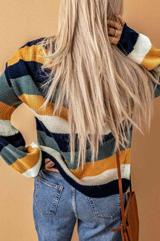 Woven Right Striped Dropped Shoulder Knitted Pullover Sweater Woven Right Striped Dropped Shoulder Knitted Pullover Sweater