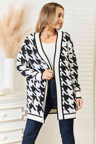 Woven Right Houndstooth Open Front Longline Cardigan Woven Right Houndstooth Open Front Longline Cardigan
