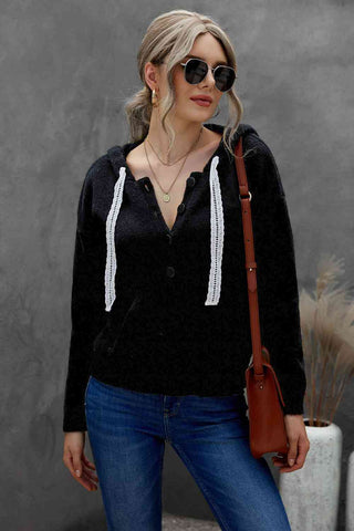 Woven Right Lace Trim Half-Button Drawstring Knit Hoodie Woven Right Lace Trim Half-Button Drawstring Knit Hoodie