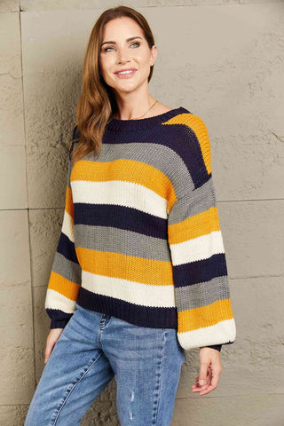 Woven Right Striped Dropped Shoulder Knitted Pullover Sweater Woven Right Striped Dropped Shoulder Knitted Pullover Sweater