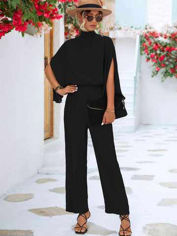 Tie Back Mock Neck Split Sleeve Jumpsuit Tie Back Mock Neck Split Sleeve Jumpsuit