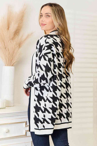 Woven Right Houndstooth Open Front Longline Cardigan Woven Right Houndstooth Open Front Longline Cardigan