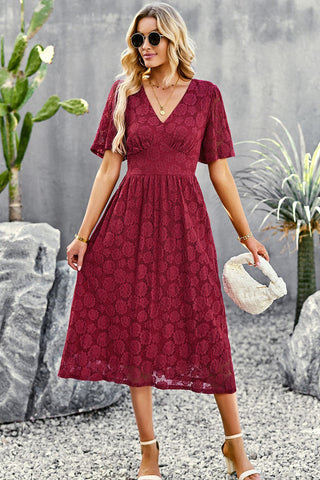 V-Neck Puff Sleeve Lace Midi Dress V-Neck Puff Sleeve Lace Midi Dress