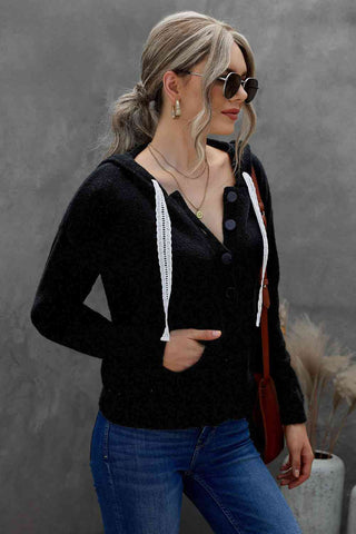 Woven Right Lace Trim Half-Button Drawstring Knit Hoodie Woven Right Lace Trim Half-Button Drawstring Knit Hoodie