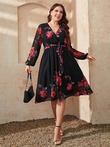 Plus Size Floral Surplice Neck Tie Waist Dress Plus Size Floral Surplice Neck Tie Waist Dress
