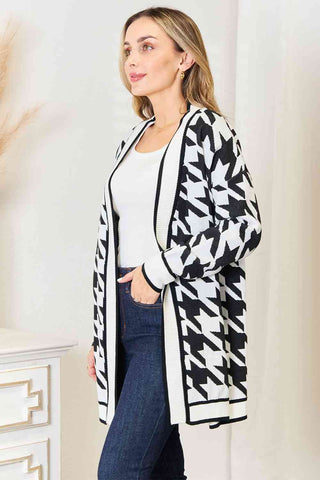 Woven Right Houndstooth Open Front Longline Cardigan Woven Right Houndstooth Open Front Longline Cardigan