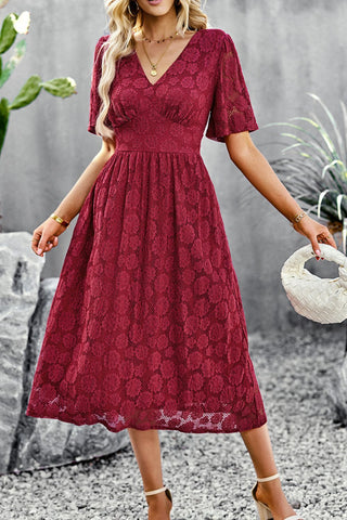 V-Neck Puff Sleeve Lace Midi Dress V-Neck Puff Sleeve Lace Midi Dress