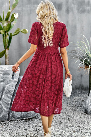 V-Neck Puff Sleeve Lace Midi Dress V-Neck Puff Sleeve Lace Midi Dress