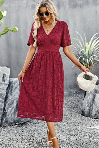 V-Neck Puff Sleeve Lace Midi Dress V-Neck Puff Sleeve Lace Midi Dress