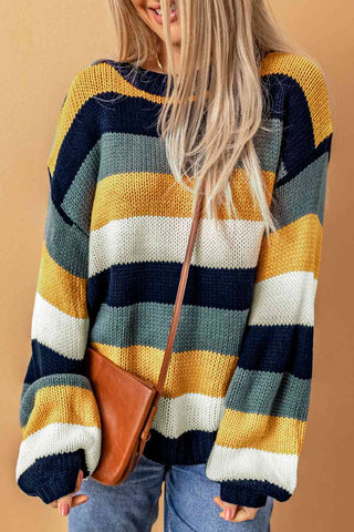 Woven Right Striped Dropped Shoulder Knitted Pullover Sweater Woven Right Striped Dropped Shoulder Knitted Pullover Sweater