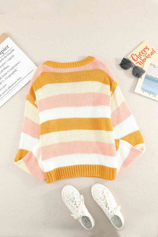 Woven Right Striped Dropped Shoulder Knitted Pullover Sweater Woven Right Striped Dropped Shoulder Knitted Pullover Sweater