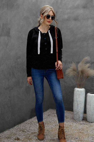Woven Right Lace Trim Half-Button Drawstring Knit Hoodie Woven Right Lace Trim Half-Button Drawstring Knit Hoodie