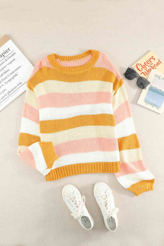 Woven Right Striped Dropped Shoulder Knitted Pullover Sweater Woven Right Striped Dropped Shoulder Knitted Pullover Sweater