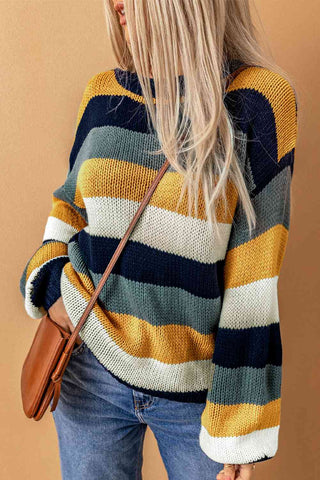 Woven Right Striped Dropped Shoulder Knitted Pullover Sweater Woven Right Striped Dropped Shoulder Knitted Pullover Sweater
