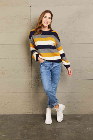 Woven Right Striped Dropped Shoulder Knitted Pullover Sweater Woven Right Striped Dropped Shoulder Knitted Pullover Sweater