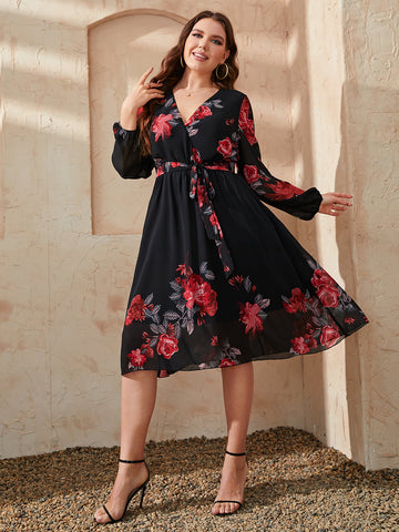Plus Size Floral Surplice Neck Tie Waist Dress Plus Size Floral Surplice Neck Tie Waist Dress