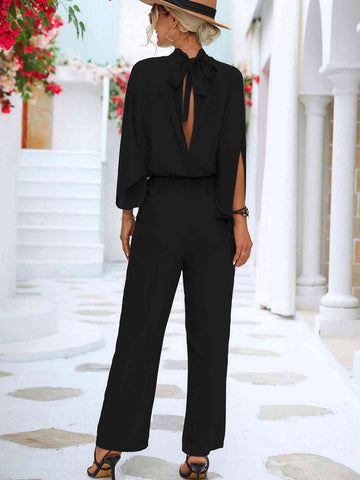 Tie Back Mock Neck Split Sleeve Jumpsuit Tie Back Mock Neck Split Sleeve Jumpsuit