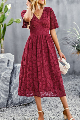 V-Neck Puff Sleeve Lace Midi Dress V-Neck Puff Sleeve Lace Midi Dress
