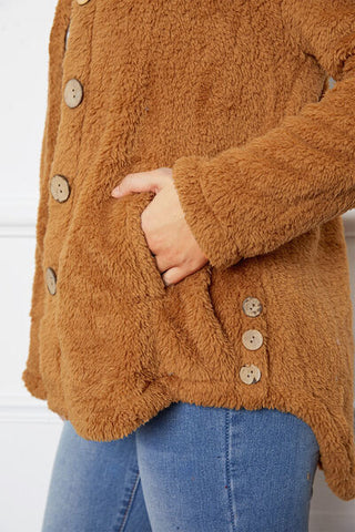 Fuzzy Button Up Hooded Outerwear